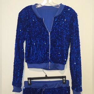 Blue Sequin Tracksuit Set Zip Jacket Joggers Sparkle Lounge Set S